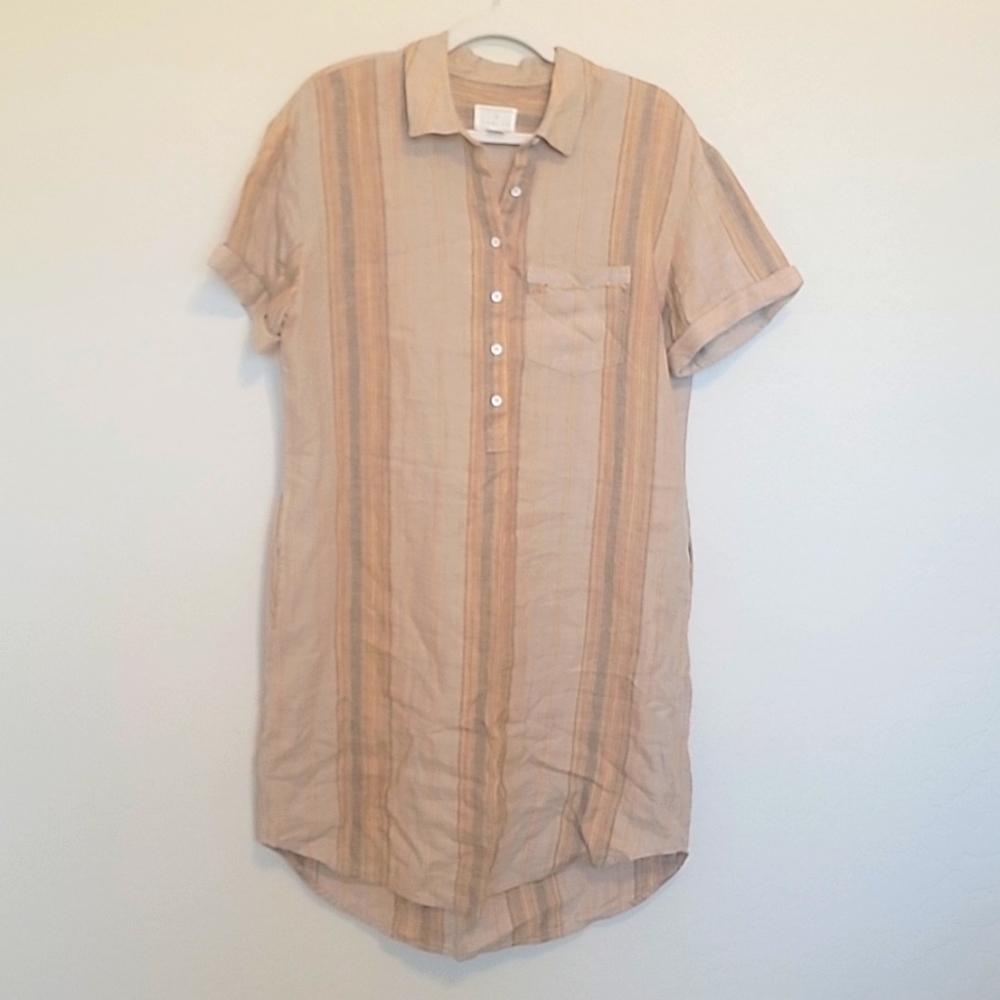 Caslon | Size M Peach/Gray/Tan Striped Pocket Linen Dress